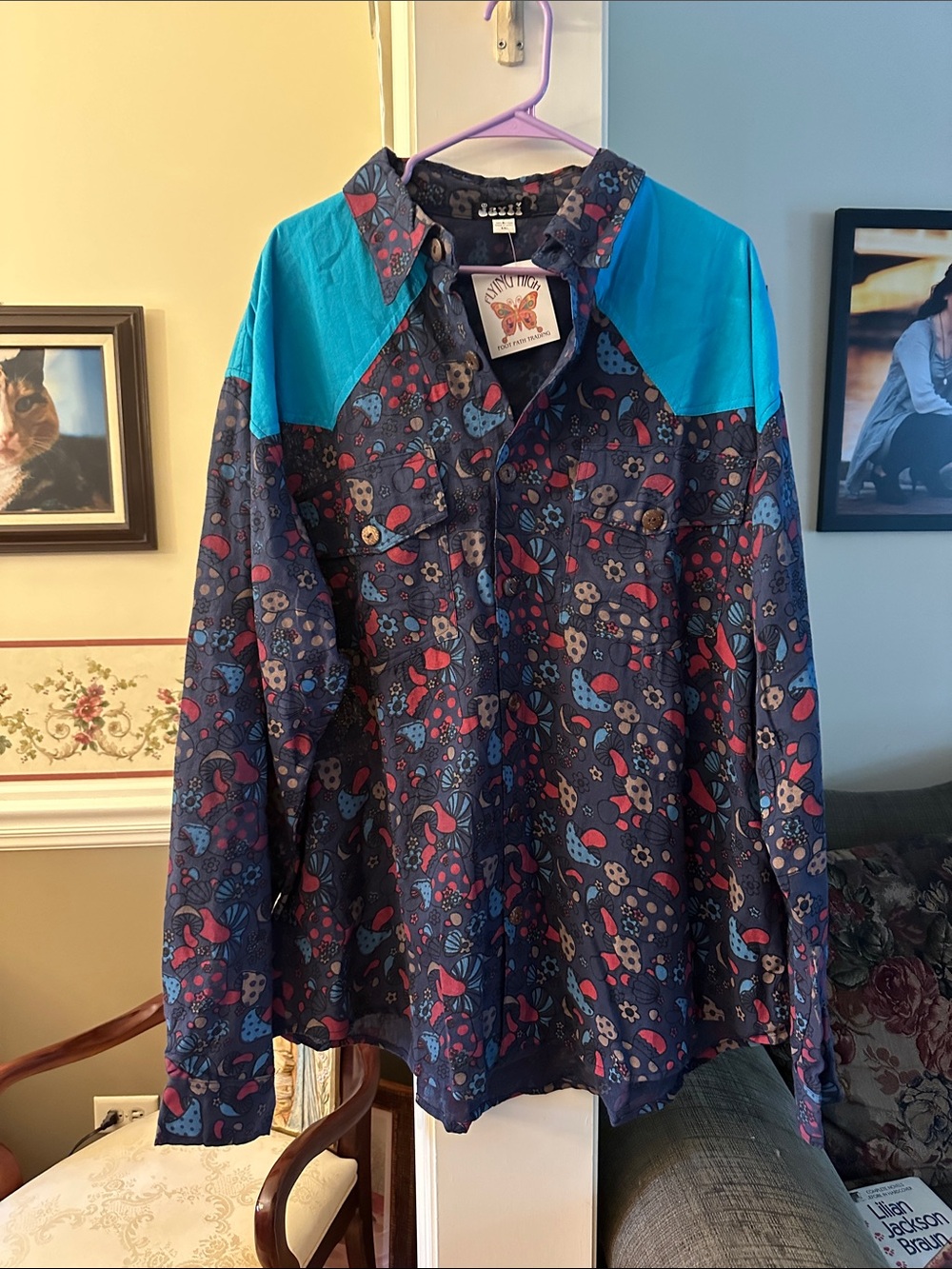 NWT Jayli 100% cotton mushroom & flowers button down long sleeve oversized shirt